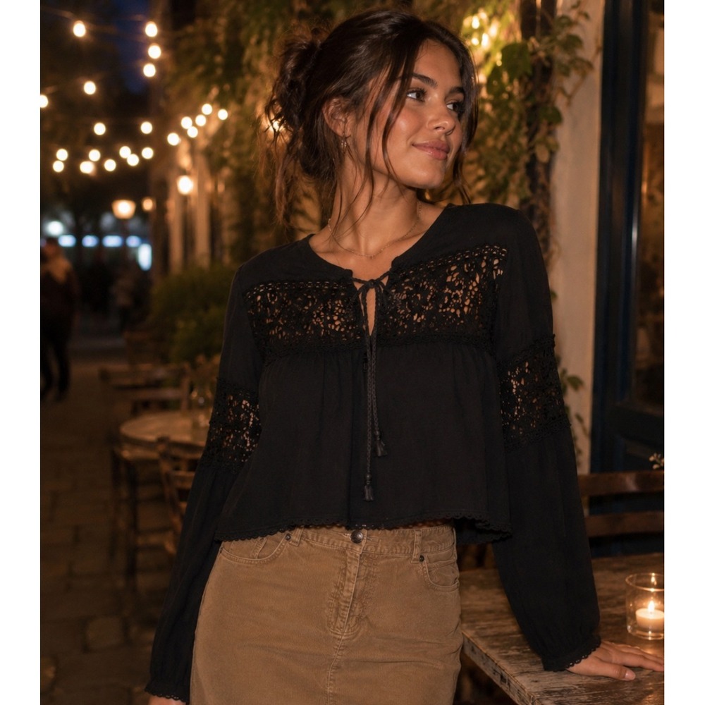 Patrons of Peace Boho Festival‎ Goth Lace Crepe Crochet Blouse Black Small EUC